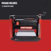 Front angle photo of Craftsman benchtop planer CMEW320, black and red body, flat work surface.