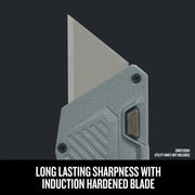 Photo of Craftsman induction hardened utility blade, CMHT11921A, front angle, blade extended, gray handle visible.