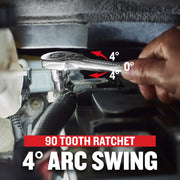 CRAFTSMAN 90 tooth ratchet CMMT12125 graphics showing 4 degree arc swing in automotive context.