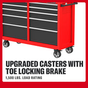 Craftsman red rolling tool chest with eight drawers, side handle, SKU CMST98273RB, front angle photo.