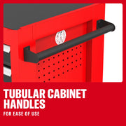 Photo of Craftsman red tool chest with drawers, wheels, and open top, SKU CMST98273RB, front angle.