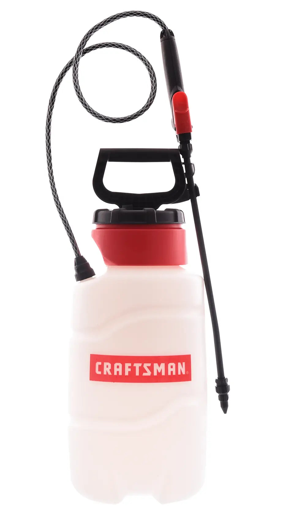 A Craftsman brand plastic garden sprayer with a black handle, red cap, and attached hose and nozzle, shown against a white background.