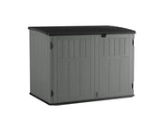 Photo of Craftsman outdoor storage shed CMXRCSCBMSC4752Z, gray with black lid, front angle on white background.